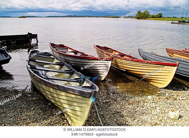 Boats beached on the shores of Lough Owel, near Mullingar, Co. Westmeath, Ireland