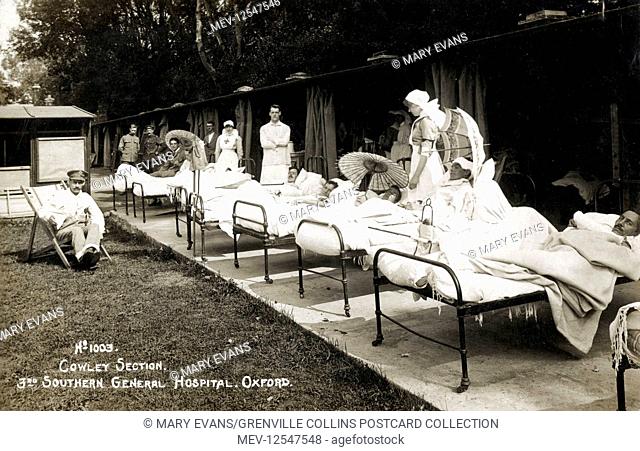 Injured soldiers - WW1 - No. 1003 Cowley Section - 3rd Southern General Hospital, Oxford. The importance of light and fresh air in aiding recovery was very...