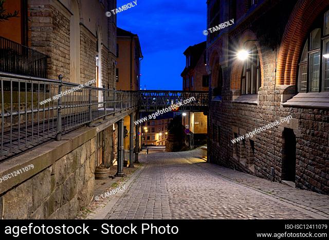 Sweden, Stockholm, Old alley at night at Sodermalm Island