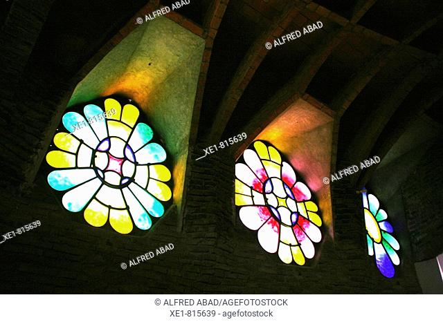 Stained-glass windows in the church of Colonia Güell, Santa Coloma de Cervello. Barcelona province, Catalonia, Spain
