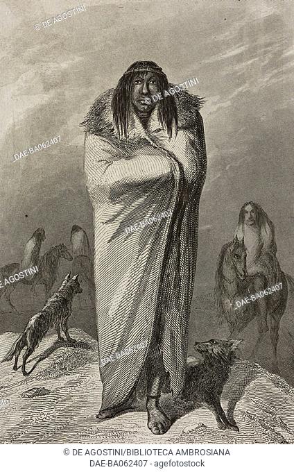 South Patagonian man wearing traditional clothes, Patagonia, engraving by Vernier from Chili, Paraguay, Buenos-Ayres, by Cesar Famin, Patagonie