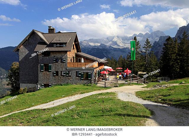 Gablonzer Hut in front of Dachstein Mountains, Zwieselalm, Salzkammergut, Upper Austria, Austria, Europe