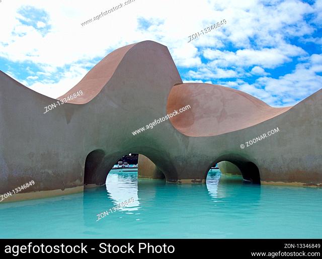 PUERTO DE LA CRUZ, TENERIFE, SPAIN - March 7 2018: concrete island sculpture of Lago Martianez natural swimming pool in Puerto de la Cruz Tenerife Spain
