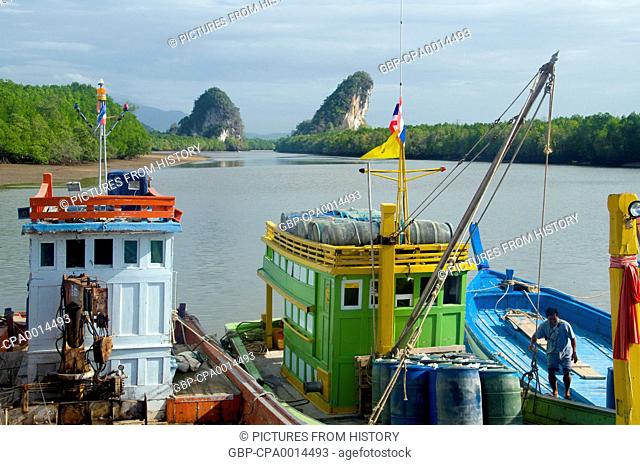 Thailand: Khao Khanap Nam outcrop from the Krabi Town waterfront, Krabi Province, southern Thailand