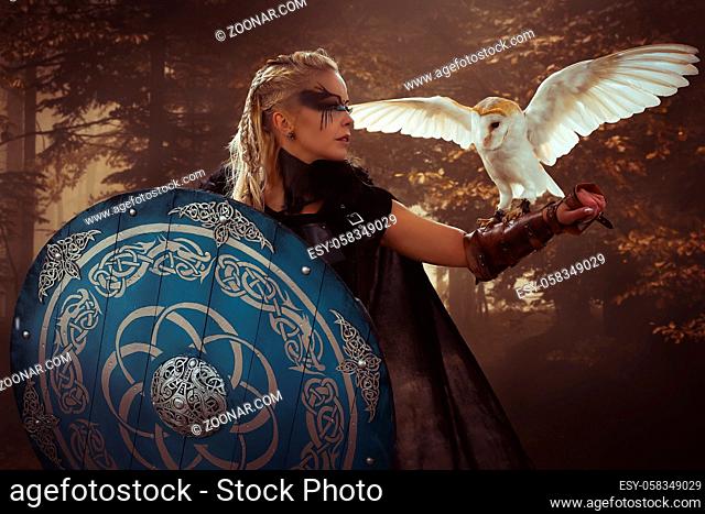 Warrior, beautiful white owl, Viking blonde woman with shield and sword, braids in her hair