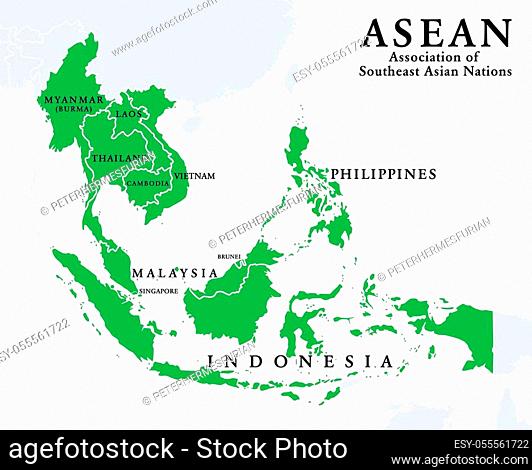 ASEAN member states, infographic and map. Association of Southeast Asian Nations, a regional intergovernmental organization with 10 member countries