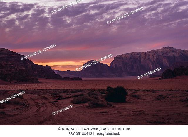 Evening in Wadi Rum valley also called Valley of the Moon in Jordan