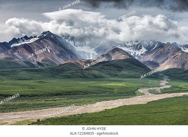 Scenic view of Polychrome Pass and the Alaska Range, Denali National Park and Preserve, Interior Alaska, summer
