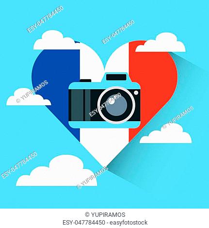 heart with france flag colors with photographic camera over sky background colorful design. vector illustration