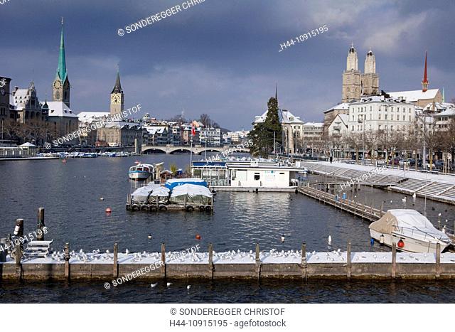 Winter, snow, town, city, canton, Zurich, Switzerland, Europe, Limmat, Riviera, churches, Grossmünster, footbridge