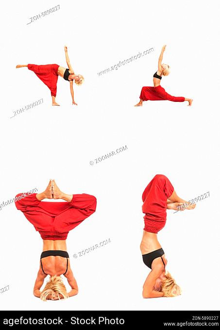Full set of yoga asanas. Practicing Yoga. Young woman in traditional yoga clothes isolated on white background