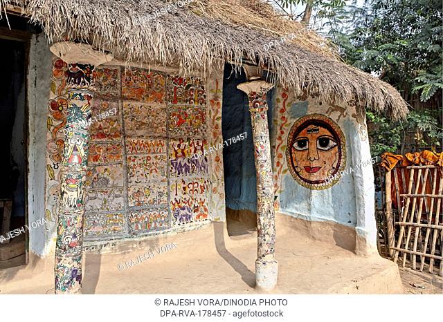 Walls and pillars decorated unique Harijan style of painting Madhubani Bihar India Asia
