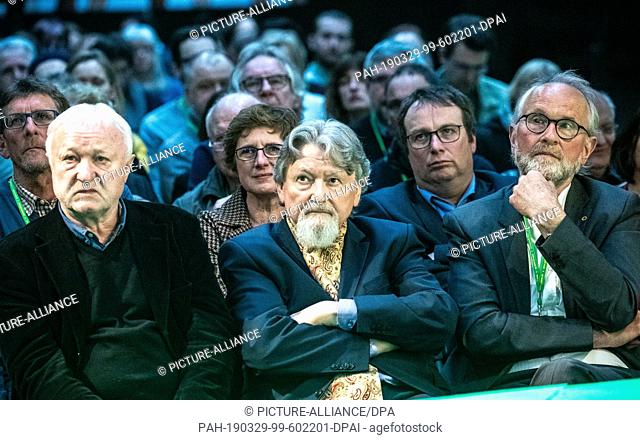 29 March 2019, Berlin: The Green founding members (r-l), Lukas Beckmann and Milan Horacek as well as GDR civil rights activist Werner Schulz follow the...