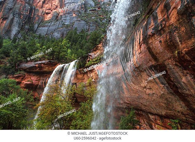 Heavy rains produce waterfalls at Emerald Pools at Zion National Park, Utah