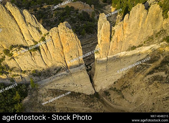Cliffs of the ""Muralla de Finestras"" (the Wall of Finestras) with the Canelles reservoir almost dry during the 2022 drought (Ribagorza, Huesca, Aragon, Spain