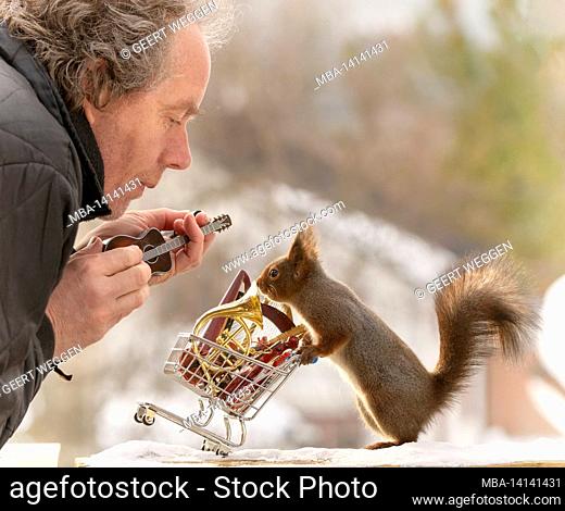 red squirrel is holding a shopping cart with music instruments and man