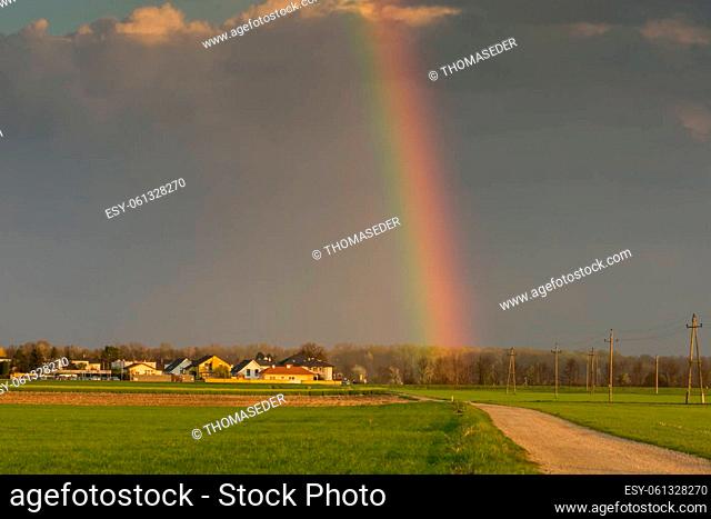 wonderful rainbow at the end of a dirt road with green fields detail view