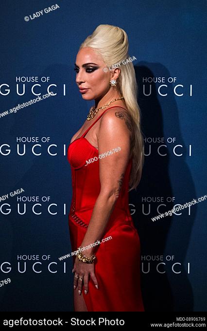 American singer Lady Gaga attends the photocall of the Italian premiere of the film ""House Of Gucci"" at the Space Cinema Odeon