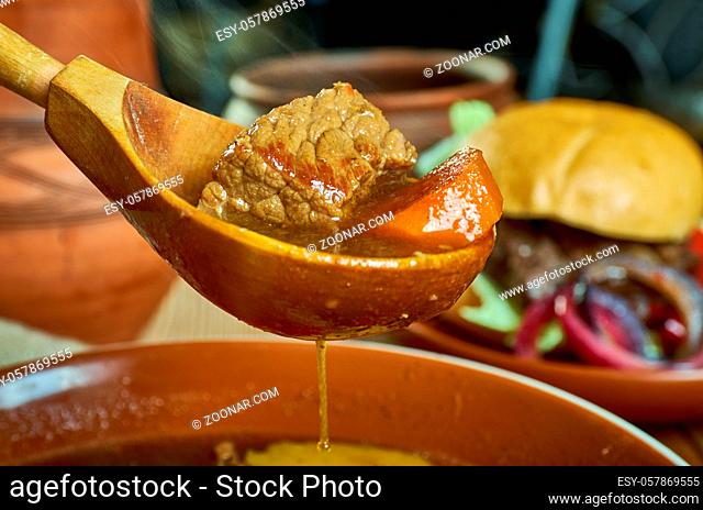 Gulasovka - Hungarian , Czech goulash soup close up