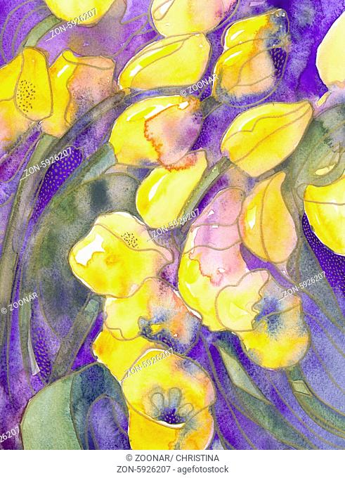 Yellow tulips on purple with gold dots abstract texture watercolor painting