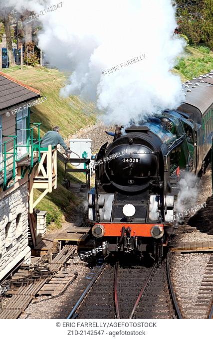 """""Eddystone"" steam locomotive working on the Swanage Railway.England. Swanage railway station