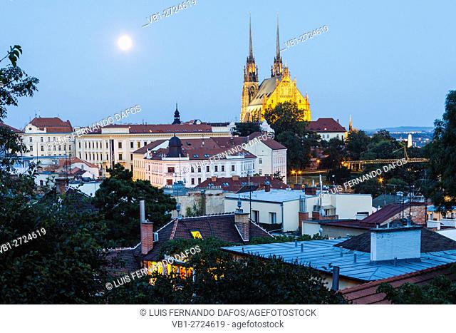Petrov cathedral and overview with full moon. Brno, Czech Republic