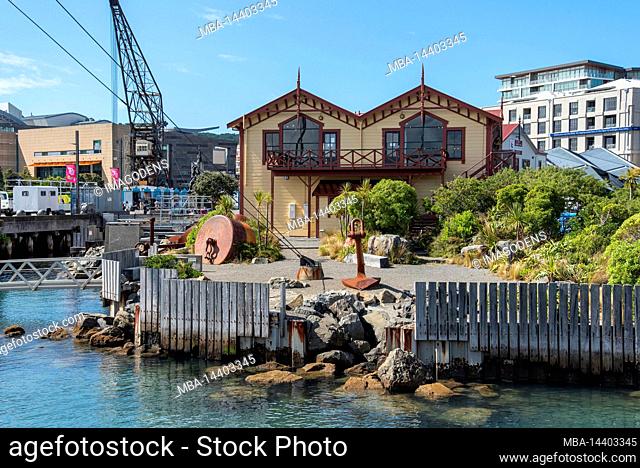 Scenic house and harbor crane at the harbor of Wellington, North Island of New Zealand