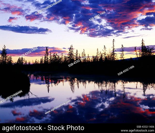 Sunset reflection in slough near the Knik River, Palmer Hay Flats State Game Refuge, Alaska
