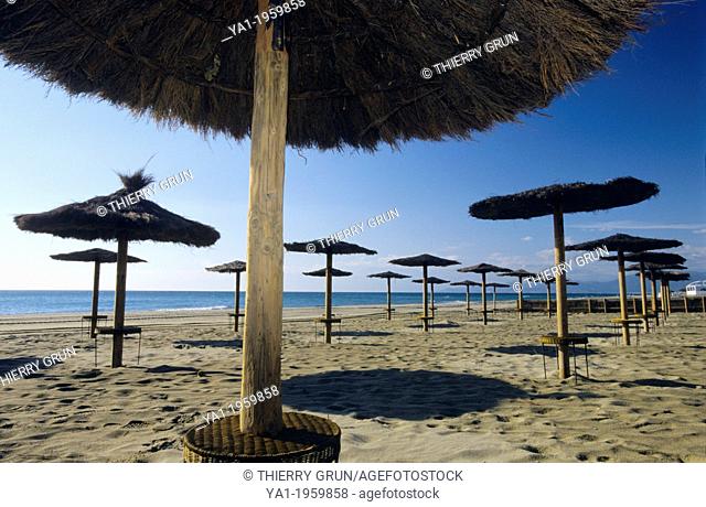 Beach umbrellas, Canet plage, Cote radieuse, Eastern Pyrenees, Languedoc-Roussillon, France