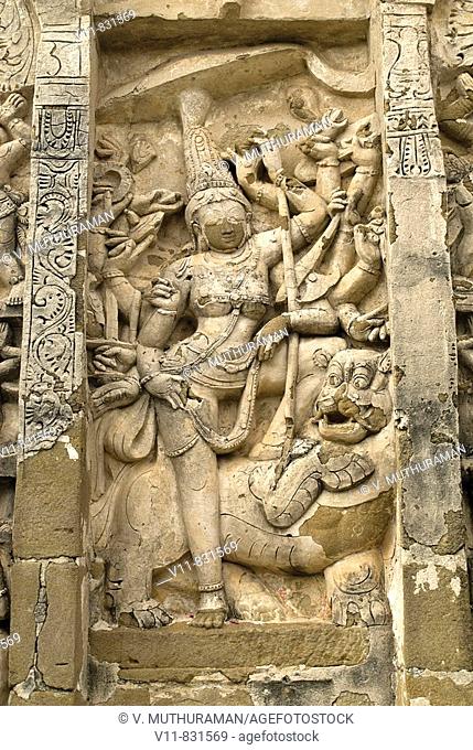 Goddess Durga sculpture in  Kailasanatha temple in Kanchipuram, Tamil Nadu, India. The temple  was built by Pallava King Narasimhavarman II (Rajasimhan) and his...