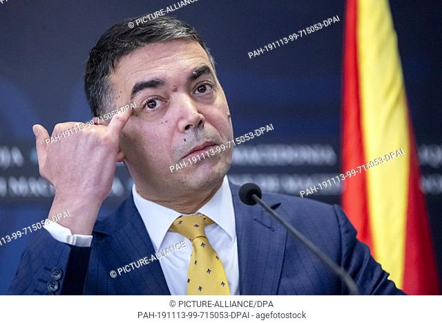 13 November 2019, Northern Macedonia, Skopje: Nikola Dimitrov, Foreign Minister of Northern Macedonia, takes part in a joint press conference with Foreign...