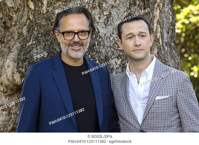 Carlo Kitzlinger (l) and Joseph Gordon Lewitt pose at the photocall of '7500' during the Film Festival in Locarno, Switzerland, on 09 August 2019