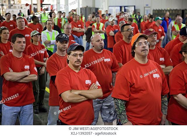 Wayne, Michigan - Members of the United Auto Workers at Ford Motor Co 's Michigan Assembly Plant wear red t-shirts in solidarity with public employees in...
