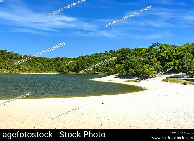 Abaete Lagoon in Salvador, Bahia with its dark waters and surrounded by white sand dunes covered by vegetation