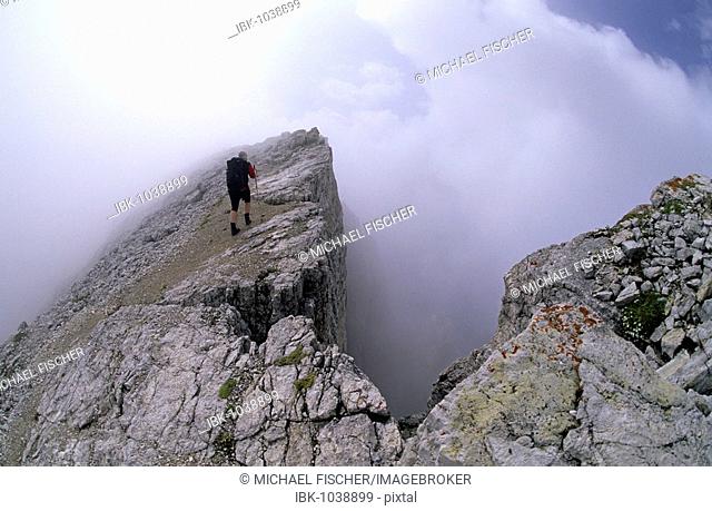 Female hiker on the ridge of Mount Kleiner Lagazuoi, 2778 m, Cortina d'Ampezzo, Ampezzo Dolomites, Italy, Europe