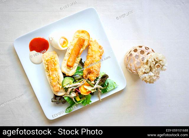 Top view , Breakfast set of toast , Fried chicken and Boiled egg