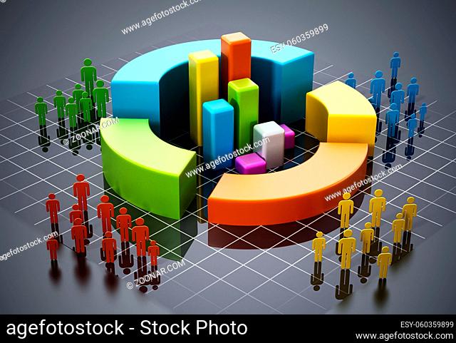 Colored people silhouettes around charts. 3D illustration