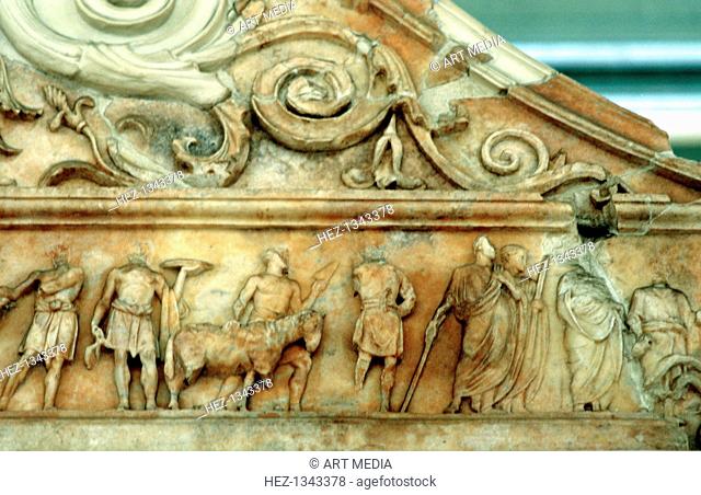 Sacrifice scene from the Ara Pacis, Rome, 9 BC. The Ara Pacis Augustae, an altar to Peace, was commissioned to commemorate the establishment of peace in the...