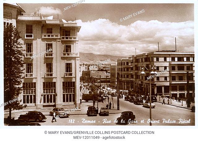 Hijaz Square, Damascus, Syria - Rue de la Gare with Orient Palace Hotel and Al-Sharq Hotel in the 1960s