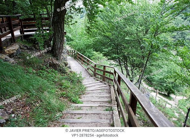 Wooden walkways and lookouts that run through the natural space of Covalagua. World Geopark Las Loras. Palencia. Castilla y León. Spain