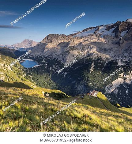 Europe, Italy, Alps, Dolomites, Mountains, Marmolada - Fedaia Lake, Rifugio Viel dal Pan