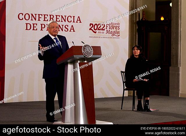 MEXICO CITY, MEXICO - MAY 18, 2022: Mexico’s President Andres Manuel Lopez Obrador gestures while talk during his daily briefing conference to response media...