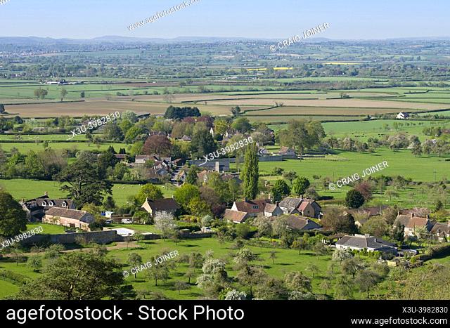 The village of Sutton Montis in the Somerset Levels from Cadbury Castle, Somerset, England