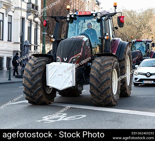 Koekelberg, Brussels Capital Region, Belgium - March 3, 2023 Farmers protesting with tractors for the governmental descision about the use of nitrogen