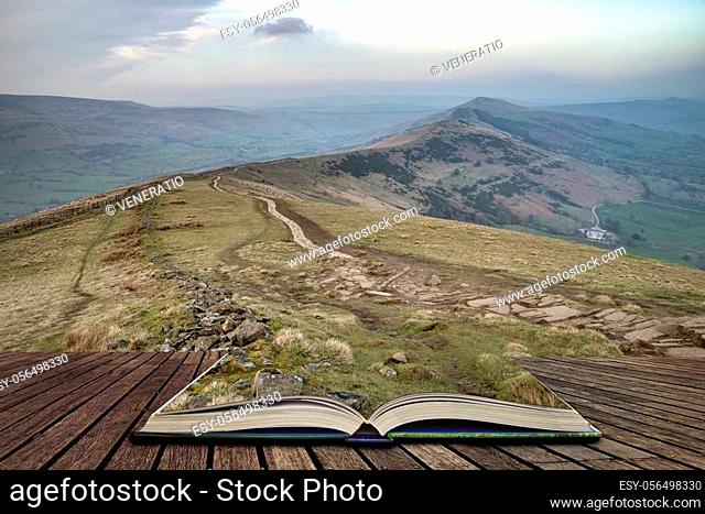 Beautiful sunset landscape image of The Great Ridge in the Peak District in pages of open book, story telling concept