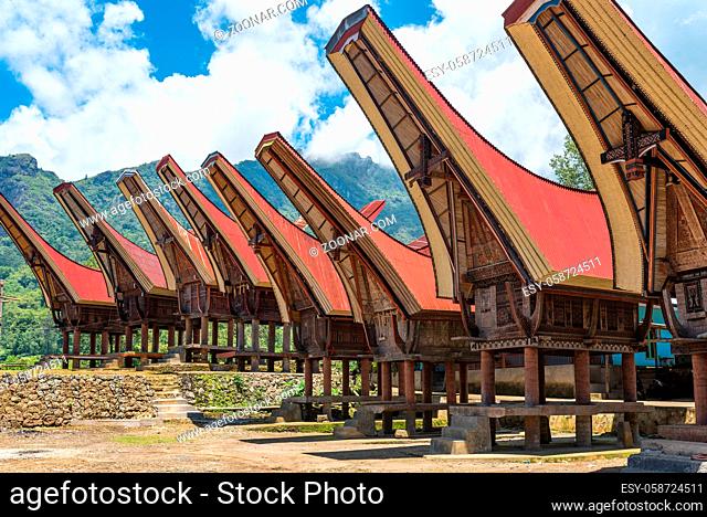 Rice barns, in Toraja called Alang, in the style of a traditional Tongkonan house. The old Toraja villages are consisting of two parallel rows of Tongkonan