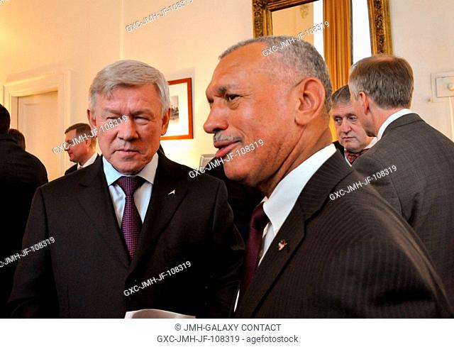 NASA Administrator Charles Bolden (right) shares a moment with the Head of the Russian Federal Space Agency, Anatoly Perminov