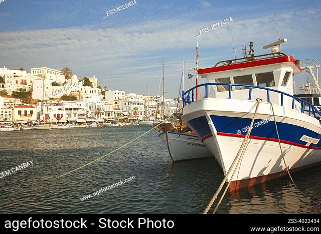 View of the old town Chora at the afternoon light with the traditional fishing boats in the foreground, Naxos Island, Cyclades Islands, Greek Islands, Greece