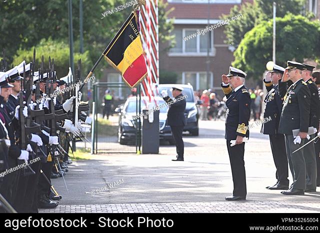 King Philippe - Filip of Belgium salutes during the celebration of the 75th anniversary of the Belgian Navy, Wednesday 18 May 2022, in Antwerp