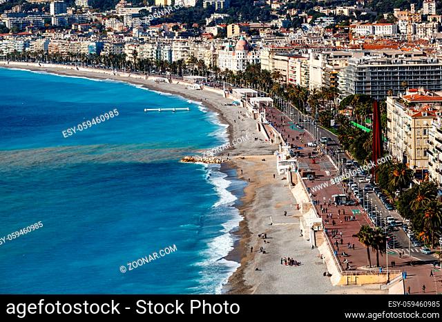 Promenade des Anglais and Beautiful Beach in Nice, French Riviera, France